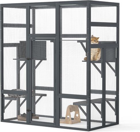 Large Stylish Wooden Catio Outdoor Cat Enclosure Cat Cage & Run Enclosures Indoor Kitty Window Catio with Waterproof Roof, 7 Platforms & 2 Resting Box, UV Resistant, 62.4" L x 32.4" W x 70" H (Grey) in Saudi Arabia