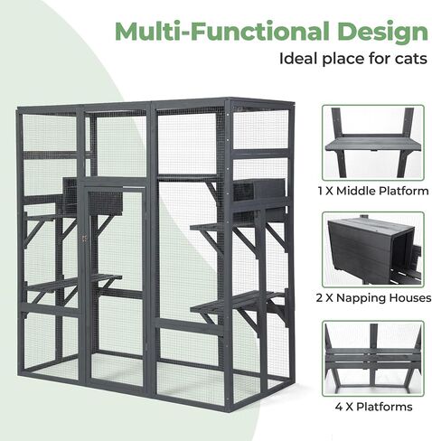 Large Stylish Wooden Catio Outdoor Cat Enclosure Cat Cage & Run Enclosures Indoor Kitty Window Catio with Waterproof Roof, 7 Platforms & 2 Resting Box, UV Resistant, 62.4" L x 32.4" W x 70" H (Grey) in Saudi Arabia