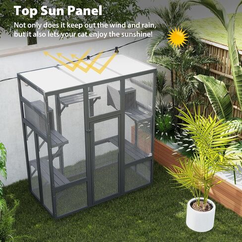 Large Stylish Wooden Catio Outdoor Cat Enclosure Cat Cage & Run Enclosures Indoor Kitty Window Catio with Waterproof Roof, 7 Platforms & 2 Resting Box, UV Resistant, 62.4" L x 32.4" W x 70" H (Grey) in Saudi Arabia
