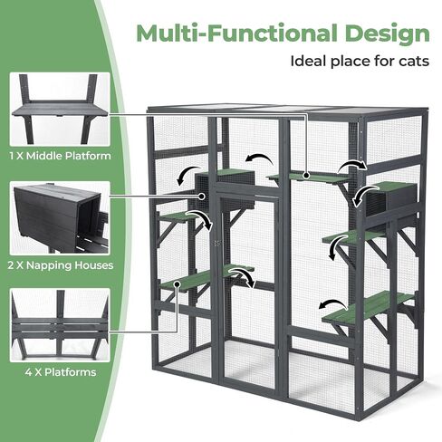 Large Stylish Wooden Catio Outdoor Cat Enclosure Cat Cage & Run Enclosures Indoor Kitty Window Catio with Waterproof Roof, 7 Platforms & 2 Resting Box, UV Resistant, 62.4" L x 32.4" W x 70" H (Grey) in Saudi Arabia