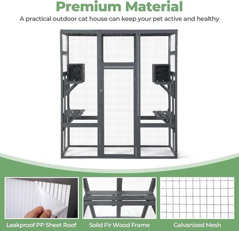 Large Stylish Wooden Catio Outdoor Cat Enclosure Cat Cage & Run Enclosures Indoor Kitty Window Catio with Waterproof Roof, 7 Platforms & 2 Resting Box, UV Resistant, 62.4" L x 32.4" W x 70" H (Grey) in Saudi Arabia