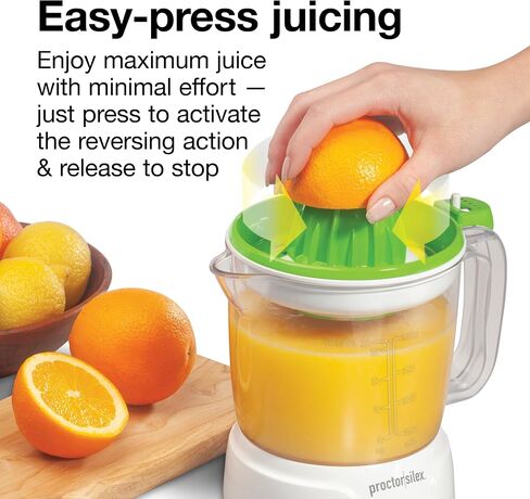 Proctor Silex 34 oz. Electric Citrus Juicer, Orange Juicer | Pressure Activated | 2 Reamers For Big and Small Fruit | Pulp Control | For Orange, Lemon, Grapefruit Juice | White & Green in Kuwait