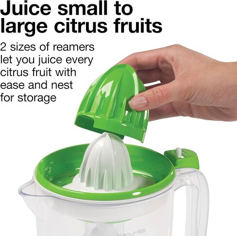 Proctor Silex 34 oz. Electric Citrus Juicer, Orange Juicer | Pressure Activated | 2 Reamers For Big and Small Fruit | Pulp Control | For Orange, Lemon, Grapefruit Juice | White & Green in Kuwait