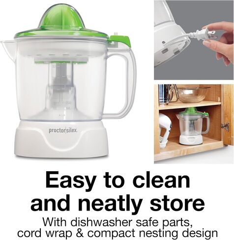 Proctor Silex 34 oz. Electric Citrus Juicer, Orange Juicer | Pressure Activated | 2 Reamers For Big and Small Fruit | Pulp Control | For Orange, Lemon, Grapefruit Juice | White & Green in Kuwait