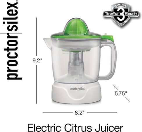 Proctor Silex 34 oz. Electric Citrus Juicer, Orange Juicer | Pressure Activated | 2 Reamers For Big and Small Fruit | Pulp Control | For Orange, Lemon, Grapefruit Juice | White & Green in Kuwait