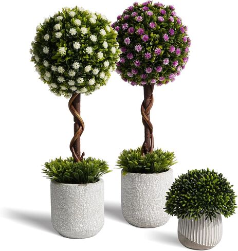 3Pcs Fake Plants 14.57 Inch, Artificial Boxwood Topiary Ball Tree in Cement Planter, Artificial Plants Indoor for Home Bathroom Bedroom Kitchen Office Room Decor in Kuwait