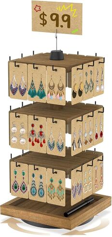 MODOWEY Rotating Earring Card Display Stands for Vendors with 36 Hooks, Wood Jewelry Holder Organizer Tree Rack for Women Dresser, 3 Tier Large Capacity Storage Tower for Selling Stud Pierced, Square in Kuwait
