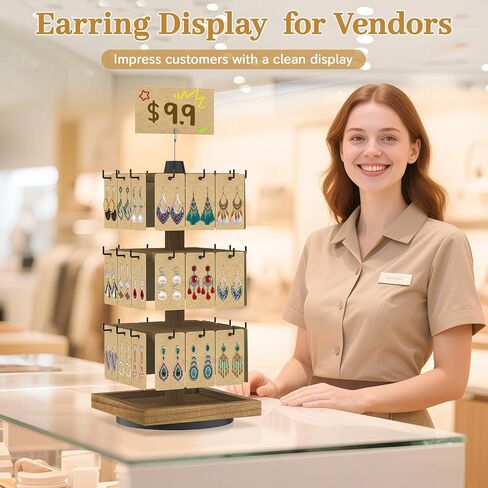 MODOWEY Rotating Earring Card Display Stands for Vendors with 36 Hooks, Wood Jewelry Holder Organizer Tree Rack for Women Dresser, 3 Tier Large Capacity Storage Tower for Selling Stud Pierced, Square in Kuwait