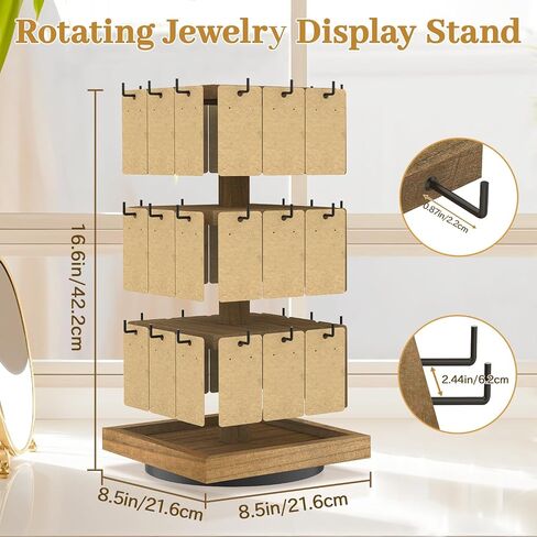 MODOWEY Rotating Earring Card Display Stands for Vendors with 36 Hooks, Wood Jewelry Holder Organizer Tree Rack for Women Dresser, 3 Tier Large Capacity Storage Tower for Selling Stud Pierced, Square in Kuwait