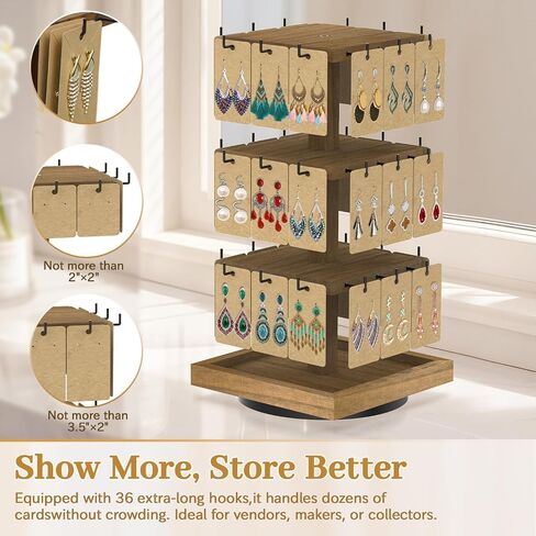 MODOWEY Rotating Earring Card Display Stands for Vendors with 36 Hooks, Wood Jewelry Holder Organizer Tree Rack for Women Dresser, 3 Tier Large Capacity Storage Tower for Selling Stud Pierced, Square in Kuwait