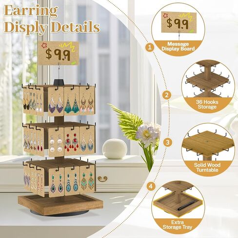 MODOWEY Rotating Earring Card Display Stands for Vendors with 36 Hooks, Wood Jewelry Holder Organizer Tree Rack for Women Dresser, 3 Tier Large Capacity Storage Tower for Selling Stud Pierced, Square in Kuwait