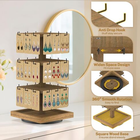MODOWEY Rotating Earring Card Display Stands for Vendors with 36 Hooks, Wood Jewelry Holder Organizer Tree Rack for Women Dresser, 3 Tier Large Capacity Storage Tower for Selling Stud Pierced, Square in Kuwait