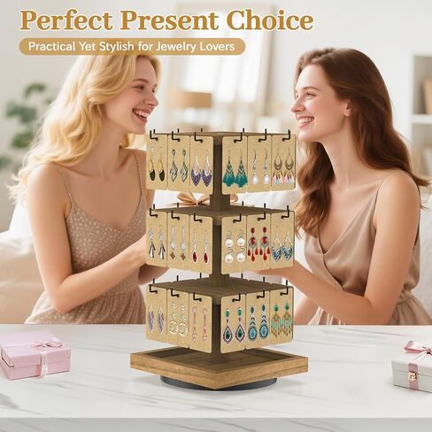 MODOWEY Rotating Earring Card Display Stands for Vendors with 36 Hooks, Wood Jewelry Holder Organizer Tree Rack for Women Dresser, 3 Tier Large Capacity Storage Tower for Selling Stud Pierced, Square in Kuwait