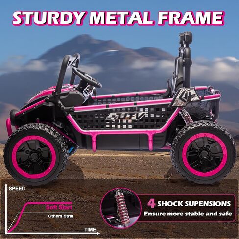 NewQida XXL 24V Ride On Toys for Big Kids UTV ، سيارة ركوب على مقاعد مع التحكم عن بعد ، تعليق صدمة 4WD 4-WHEELER ، حتى 5 ميل في الساعة ، إطارات مطاطية EVA ، بلوتوث ، موسيقى ، مقعد واسع ، وردي in Kuwait
