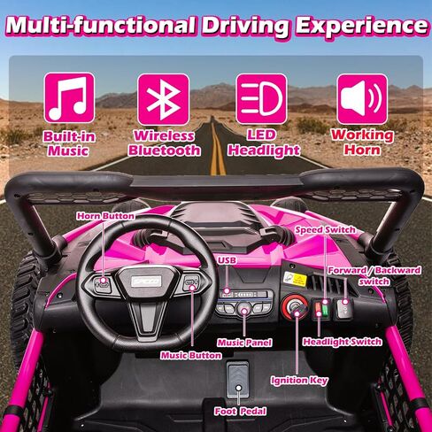 NewQida XXL 24V Ride On Toys for Big Kids UTV ، سيارة ركوب على مقاعد مع التحكم عن بعد ، تعليق صدمة 4WD 4-WHEELER ، حتى 5 ميل في الساعة ، إطارات مطاطية EVA ، بلوتوث ، موسيقى ، مقعد واسع ، وردي in Kuwait