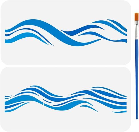 FINGERINSPIRE 2 Pcs Wave Border Stencils with Brush 11.8x5.9Inch Reusable Waves Stencils PET Marine Themes Borders Stencils Sea Waves Decoration Stencils Ocean Themes Template for Wood Wall Fabric in Saudi Arabia