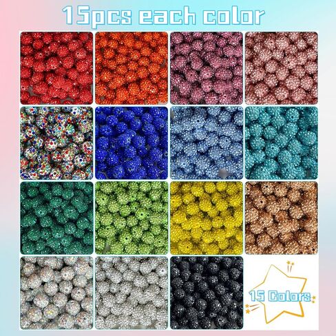 240pcs 10mm Rhinestone Beads for Jewelry Making, 24 Colors Sparkle Round Disco Ball Beads Bulk, Shiny Crystal Clay Diamond Beads for Bracelet Baseball Necklace Earring Crafting and DIY in Saudi Arabia