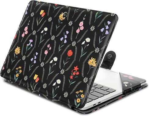 MOSISO Case Compatible with MacBook Air 13 inch M4 M3 M2 M1 2025-2018/Pro 13 inch M2 M1 2025-2016, Aesthetic Simple Floral PU Leather Portfolio Protective Stand Cover, Black in Kuwait