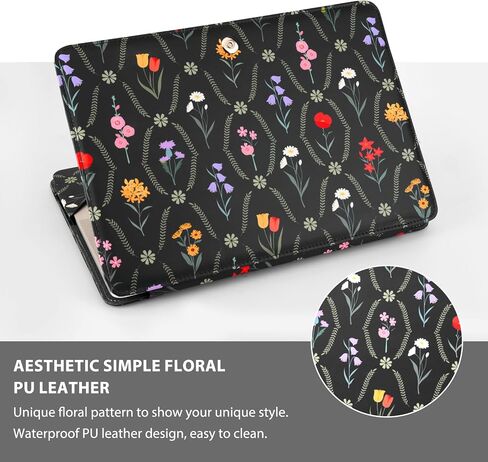 MOSISO Case Compatible with MacBook Air 13 inch M4 M3 M2 M1 2025-2018/Pro 13 inch M2 M1 2025-2016, Aesthetic Simple Floral PU Leather Portfolio Protective Stand Cover, Black in Kuwait