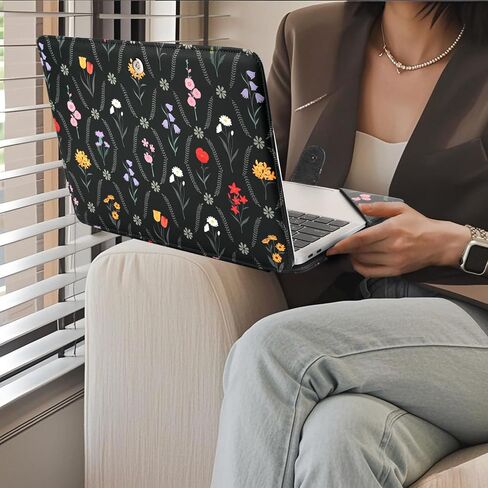 MOSISO Case Compatible with MacBook Air 13 inch M4 M3 M2 M1 2025-2018/Pro 13 inch M2 M1 2025-2016, Aesthetic Simple Floral PU Leather Portfolio Protective Stand Cover, Black in Kuwait