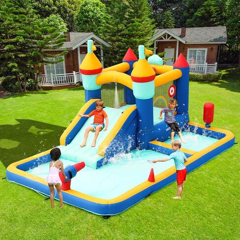 8-in-1 Bounce House, Water Slide Bounce House with Pool Area, Bouncy Castle with Slide for Wet and Dry, Inflatable Castle with Air Blower for Kids, 177.2X 124 x 88.6 inch. in Saudi Arabia