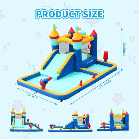 8-in-1 Bounce House, Water Slide Bounce House with Pool Area, Bouncy Castle with Slide for Wet and Dry, Inflatable Castle with Air Blower for Kids, 177.2X 124 x 88.6 inch. in Saudi Arabia