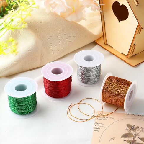 Metallic Cord 436 Yard Gold Twine Gold Thread String Ribbon Metallic Thread Rope for Gift Wrapping Craft Bracelet Jewelry Making DIY Christmas Ornament Hanging Decoration 4 Roll Golds Silver Red Green in Saudi Arabia