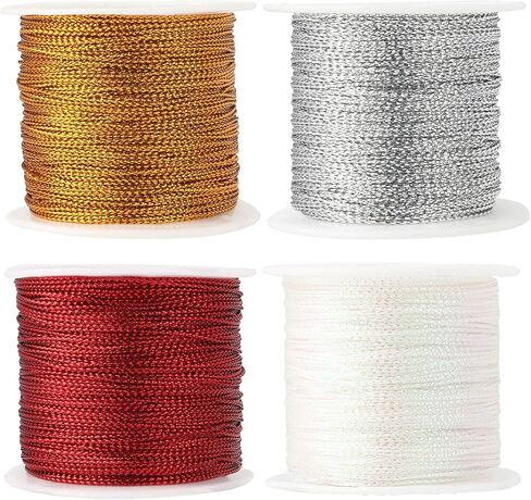 Metallic Cord 436 Yard Gold Twine Gold Thread String Ribbon Metallic Thread Rope for Gift Wrapping Craft Bracelet Jewelry Making DIY Christmas Ornament Hanging Decoration 4 Roll Golds Silver Red Green in Saudi Arabia
