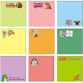 Funny Sticky Notes, 9 Designs with Animals and Humor, 50 Sheets Each, 450 Total Pages, Colorful Office Supplies