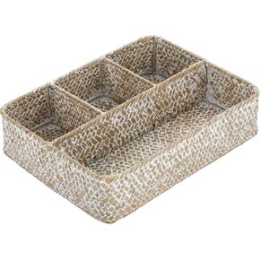 BTSKY Desk Drawer Organizer Tray, Coffee Station Organizer Tea Bag Organizer, Woven Seagrass Storage Basket with 4 Divided Sections Handwoven Wicker Storage Basket for Shelves, Pantry, Coffee Bar