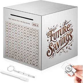Honeydak Piggy Bank Money مربع آمن للبالغين 6 بوصة من الفولاذ المقاوم للصدأ 10000 توفير الأموال مربع توفير الأموال مع عد 10000 دولار الهدف التحدي بنك الخنزير للبالغين (الفضة)