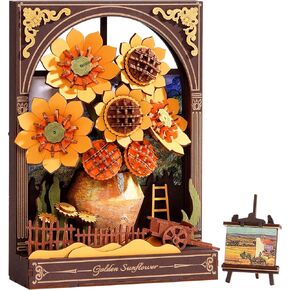 Wowood 3D Wooden Puzzles for Adults - Van Gogh Golden Sunflower DIY Model Building Kits with LED Light - Home Decor, Wall Art & Unique Creative Gifts for Art Lovers