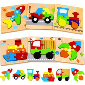 Wooden Puzzles Toys for Ages 2-4, Toddler Puzzles Toys Gifts for 1 2 3 Years Old Boys Girls, 6 Pack Vehicle Shape Montessori Learning Toy for Kids Babies Toddlers 1-3 2-3 12 18 Months