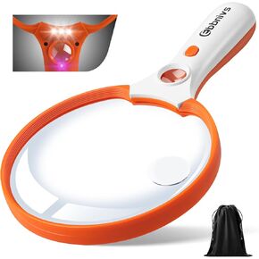 Large Magnifying Glass with Light, Magnifier 10X 20X 45X Handheld Illuminated Lighted Magnifier with 3 LED Lights 1UV Light Storage Bag Clean Cloth for Seniors Reading Inspection (Orange)