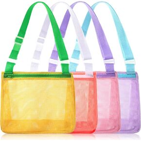 6 Pieces Kids Shell Bags Beach Toy Mesh Bag Shell Tote Bag Colorful Beach Net Bag with Adjustable Carrying Straps for Swimming Accessories Storage Boys and Girls Seashell Collection (Vivid Colors)
