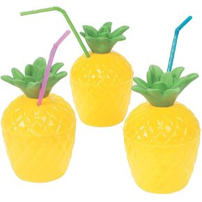 Fun Express 12 Pieces Plastic Pineapple Cups, Holds 10 oz, BPA Free Plastic, Party Supplies, Drinkware, Sipper & Molded Cups, Yellow & Green