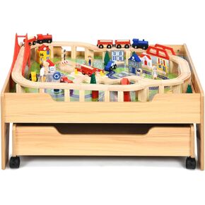 OLAKIDS Train Table, 100 Pieces Kids Wooden Activity Table Playset with Storage Drawer Multicolor Railway Tracks Cars City, Creative Toy Set Gift for Toddlers Boys Girls