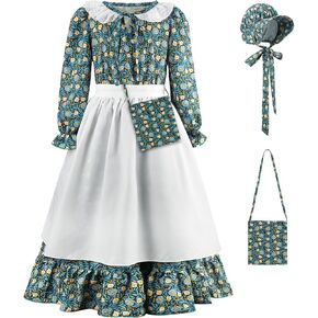 Pioneer Girls Dress Colonial Costume for Kid Prairie Dresses with Apron Bonnet and Bag