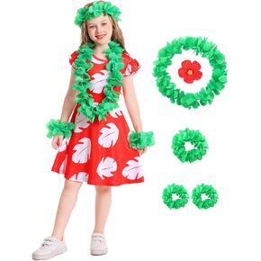 Girls Hawaiian Style Dress with White Leaf Print -Includes Flower Hairpin & Luau Flower Lei Set Halloween Hula