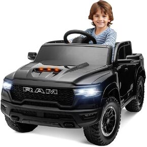 ENYOPRO Licensed Ram 1500 Ride On Truck, 12V Electric Car for Kids & Toddlers, Ride On Car with Remote Control, Key Start, Bluetooth, 2 Speeds, Working Headlights, Truck Bed Storage (Black)