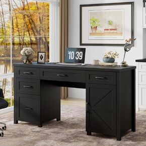 Farmhouse 61'' Executive Desk with 5 Drawers,Office Desks Computer Desk with Charging Station, File Drawers and Storage Cabinet, Wood Workstation for Home Office and Study,(Pure Black