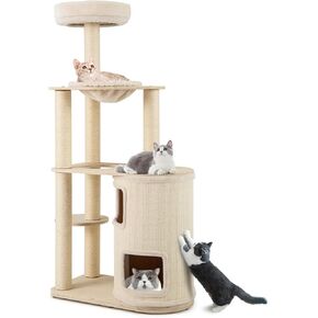Tangkula Cat Tree Tower, 60 Inch Multi-Level Modern Wooden Cat Tower with 2-Story Condo, Sisal Scratching Posts & Mat, Perch, Hammock, Washable Plush Cushion for Indoor Cats Large Adult
