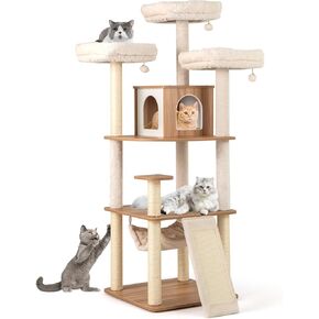 Tangkula Tall Cat Tree, 68 Inch Modern Wood Cat Tower with Sisal Scratching Posts, 3 Padded Perches, Condo, 2-in-1 Ladder, Dangling Balls, Washable Cushions for Indoor Cats Large Adult (Natural)