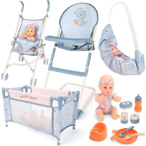 deAO Baby Doll Stroller Set 12" Baby Doll with Accessories Crib Bed High Chair, Nursery Role Play Set Toys Storage Bag,Foldable Storller, Pretend Play Birthday Gifts for Toddler Girls Boys