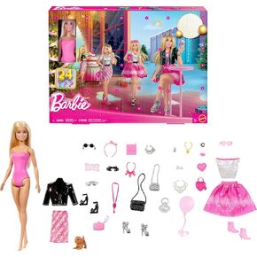 Barbie Doll Holiday Advent Calendar with 24 Clothing and Accessory Surprises Including Jacket, Skirt, Shoes, Purses, and a Pet Puppy, Blonde Doll