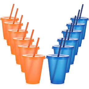 RTTERI 12 PCS Blue Dog Party Cups مع قش وأغطية 16 أوقية Orange Gless