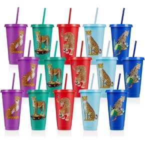 15 Pcs Cheetah Party Cups with Lid Straw 24 oz Plastic Drink Cups Reusable Bulk Leopard Tumblers for Cheetah Theme Party Favors Birthday Party Gifts