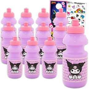 SANRIO Kuromi Kids 11.8 Oz Reusable Water Bottles Party Favor 12 Piece Bundle with 11.8 Oz Bottles with Pull Top Lid Plus Stickers, More for Girls | Bulk Kuromi Water Cups