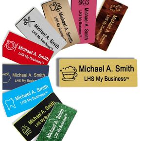 LHS My Business | Name Tags - Custom Engraved Brushed Brass Plastic Badge with Black Lettering Personalized - M6