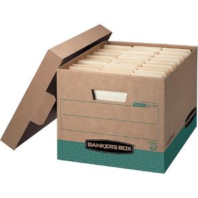 Bankers Box 12 Pack R-KIVE Heavy-Duty 100% Recycled File Storage Boxes, FastFold, Lift-Off Lid, Letter, Kraft/Green
